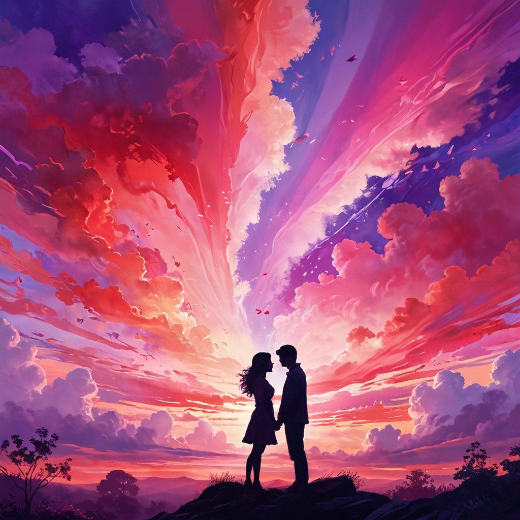 A whimsical digital landscape filled with abstract, intertwining hearts in vibrant shades of red, pink, and purple. Soft beams of light radiate from the center, symbolizing love and connection. A dreamy sky filled with pastel-colored clouds enhances the romantic atmosphere. Silhouettes of couples in tender poses blend seamlessly into the background. super-realistic. vibrant colors. ethereal.