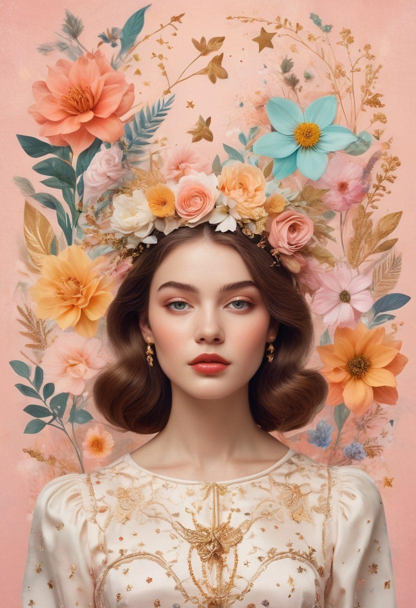 A captivating collage featuring a diverse range of charming female icons, each portrayed in their own unique style and attire, set against a dreamy, ethereal background. Include elements like flowers, stars, and whimsical patterns that enhance the charm. The icons should exude confidence and creativity, embodying a fusion of modern and vintage aesthetics. Incorporate soft pastel colors with accents of gold for a magical touch. vibrant colors. dreamy atmosphere. digital art.