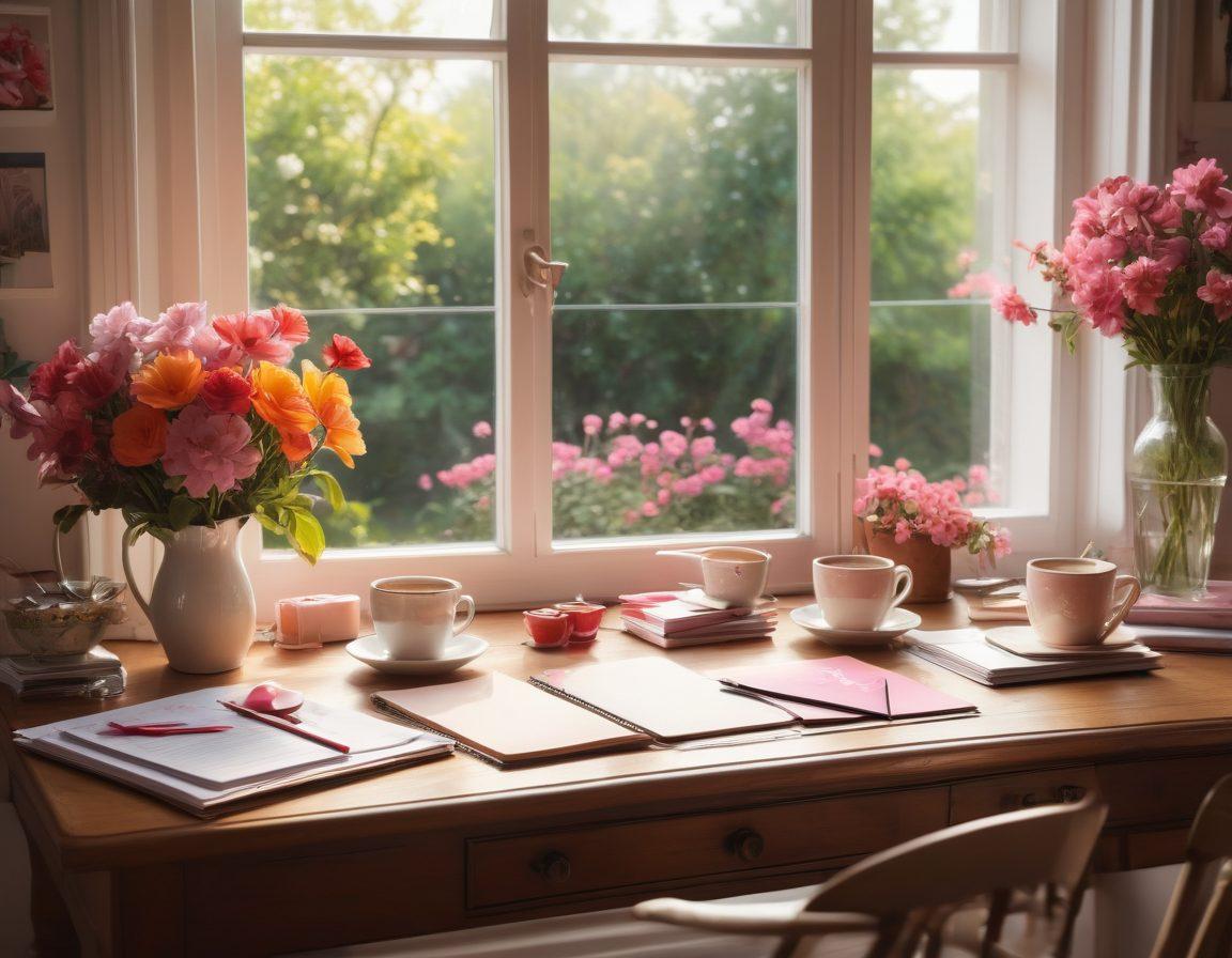 A cozy workspace featuring a vibrant love-themed desktop wallpaper showcasing intertwining hearts and blooming flowers, bathed in soft sunlight. The desk is adorned with romantic stationery and a steaming cup of coffee, creating an inviting atmosphere. In the background, a window overlooks a garden full of colorful blossoms. The overall mood is warm and inspiring. super-realistic. vibrant colors. soft focus.
